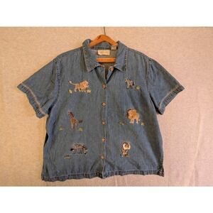 Lemon Grass Shirt Womens XL Denim 90s Safari Animal Embroidered Button Up Blue‎